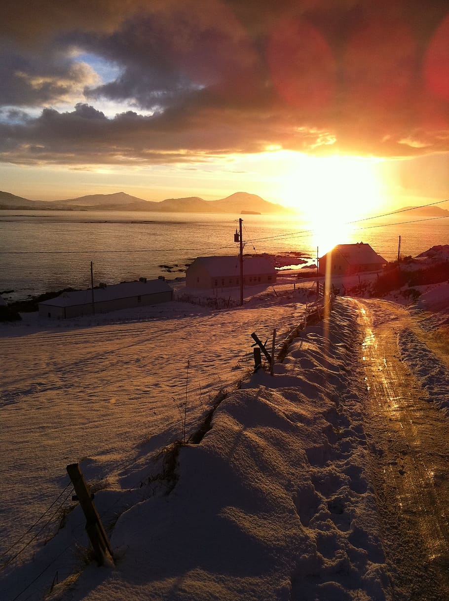 Malin Head, Sunset, Donegal, Ireland, snow, beach, sand, winter, HD wallpaper