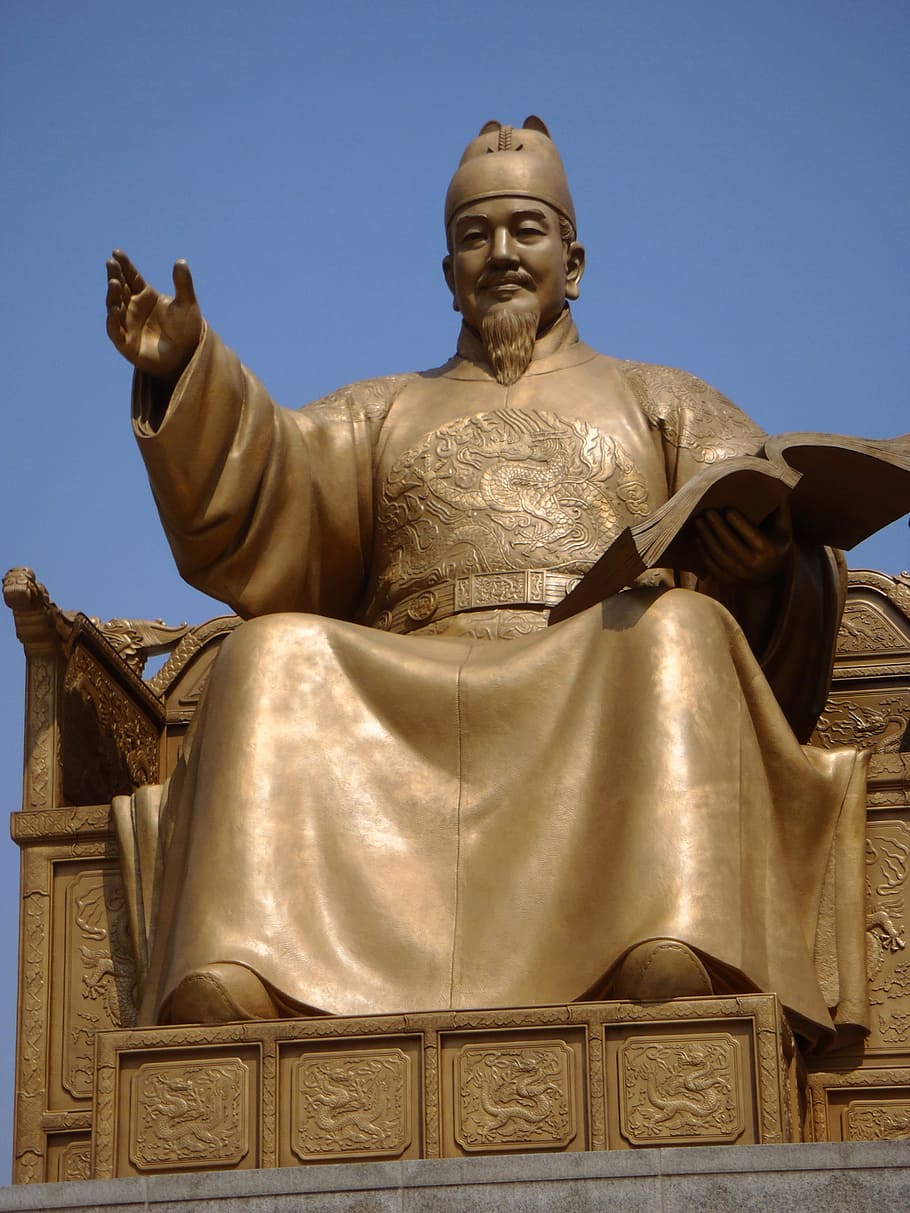 monk statue raising hand while holding book, korea, building, HD wallpaper