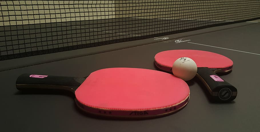 two red ping pong paddles beside of white ball, table, games, HD wallpaper