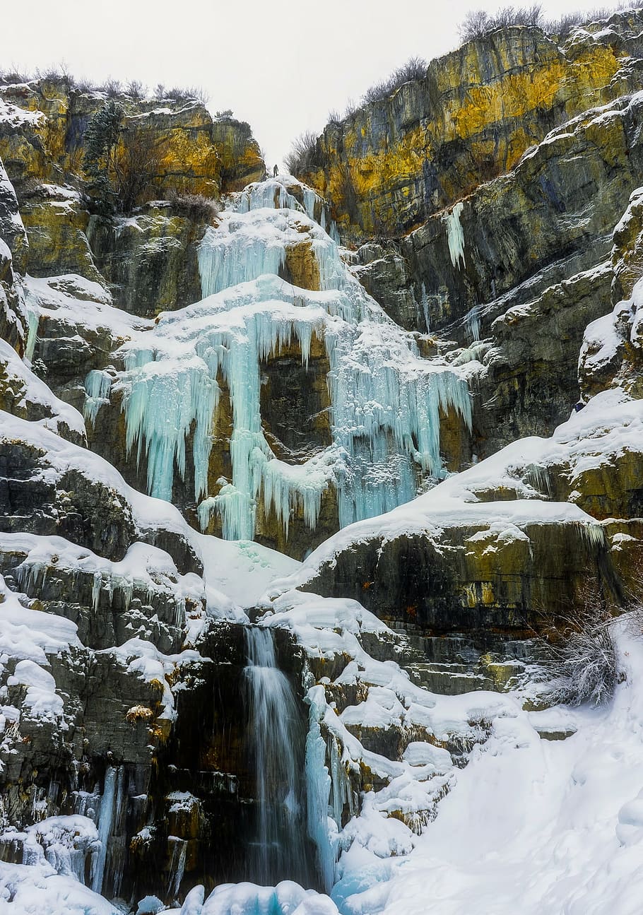 mountain, ravine, gorge, ice, snow, winter, rugged, icicles, HD wallpaper