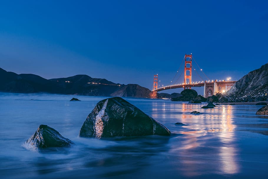 Golden Gate Bridge, California USA during nighttime, body of water under bridge at night time
