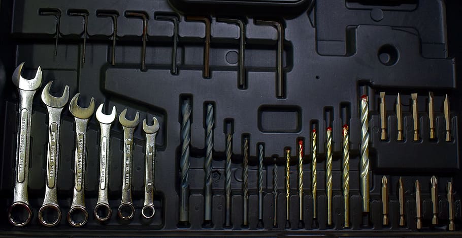 toolkit, wrench, drilling bits, utility, choice, large group of objects HD wallpaper