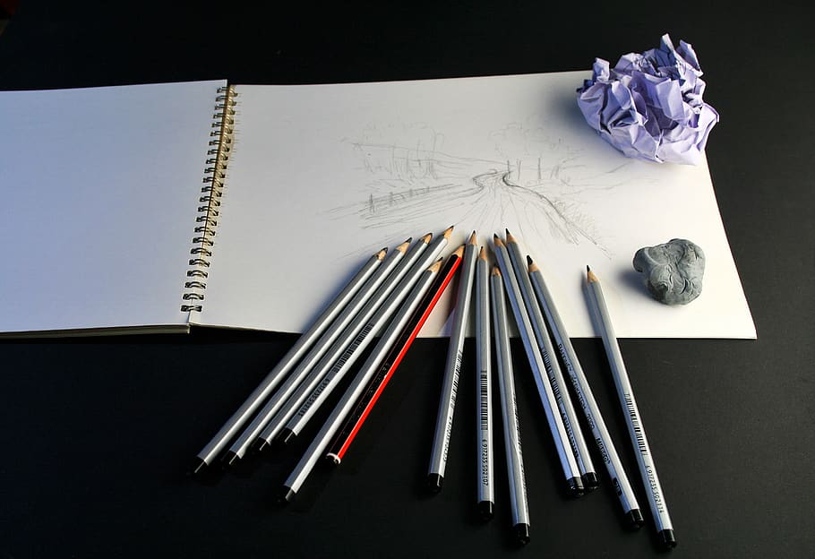 art pencils, sketch pad, drawing, paper, crumpled, eraser, indoors, HD wallpaper