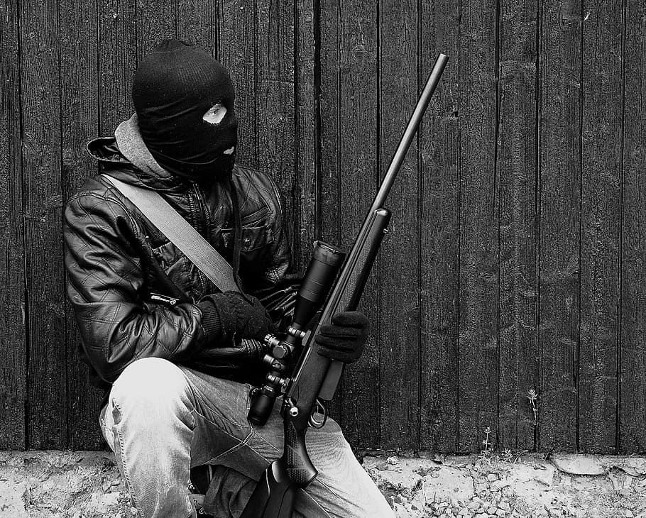 person in jacket holding sniper rifle, criminal, police, reaction force, HD wallpaper