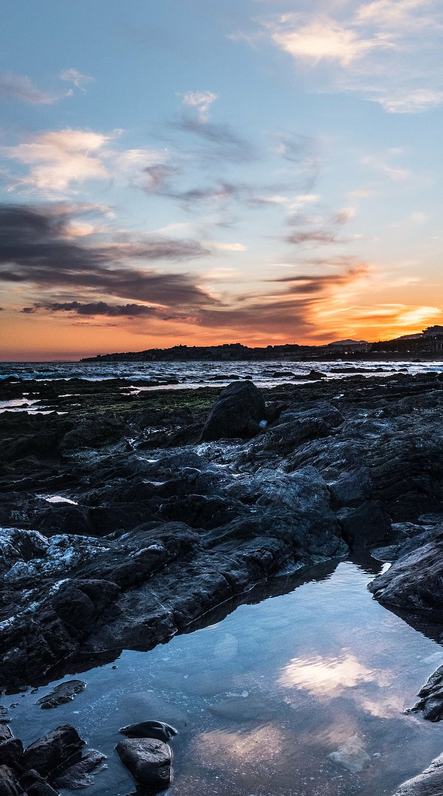 sunset, beach, costa, blue, sky, orange, waves, clouds, mijas HD wallpaper