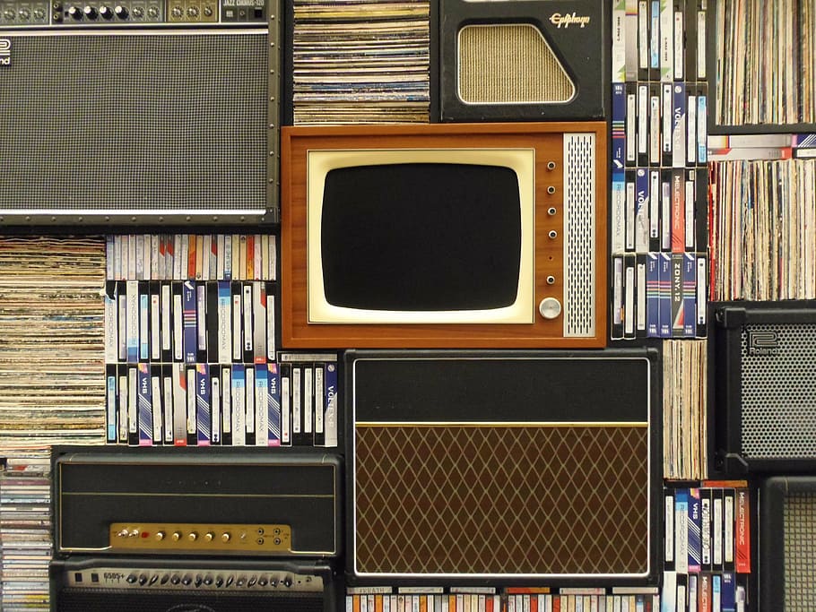 assorted antique appliance and cassette tapes, old tv, records, HD wallpaper