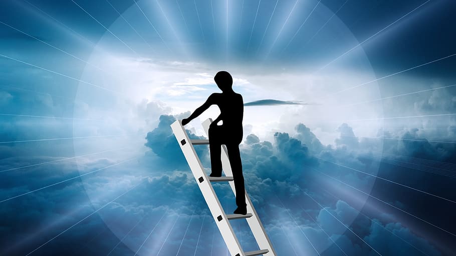 man climbing on ladder wallpaper, head, success, beyond, clouds, HD wallpaper