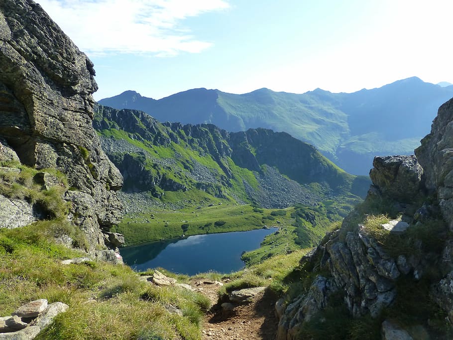 top view of green mountain beside lake, bergsee, alpine lake, HD wallpaper