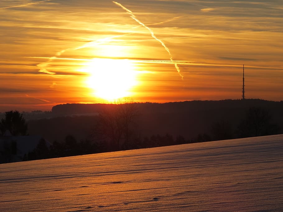 Sunset, Clouds, Snow, Golden, sky, sparkle, snow landscape HD wallpaper