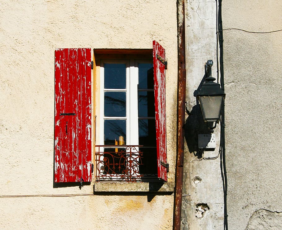 black lamp sconce beside opened window, shutters, red, old HD wallpaper