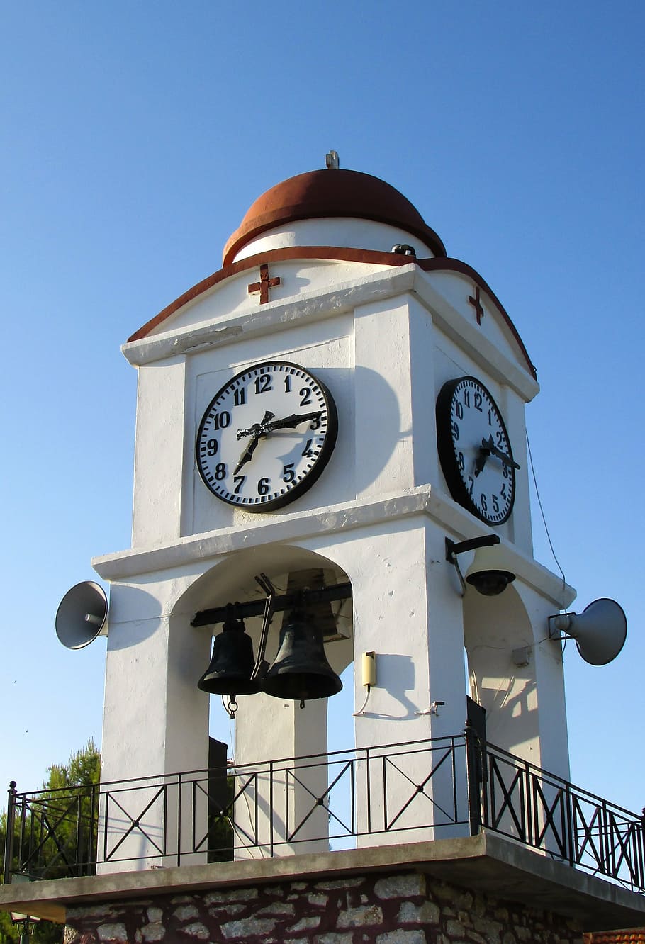 greece, skiathos, belfry, clock, church, architecture, ayios nikolaos HD wallpaper