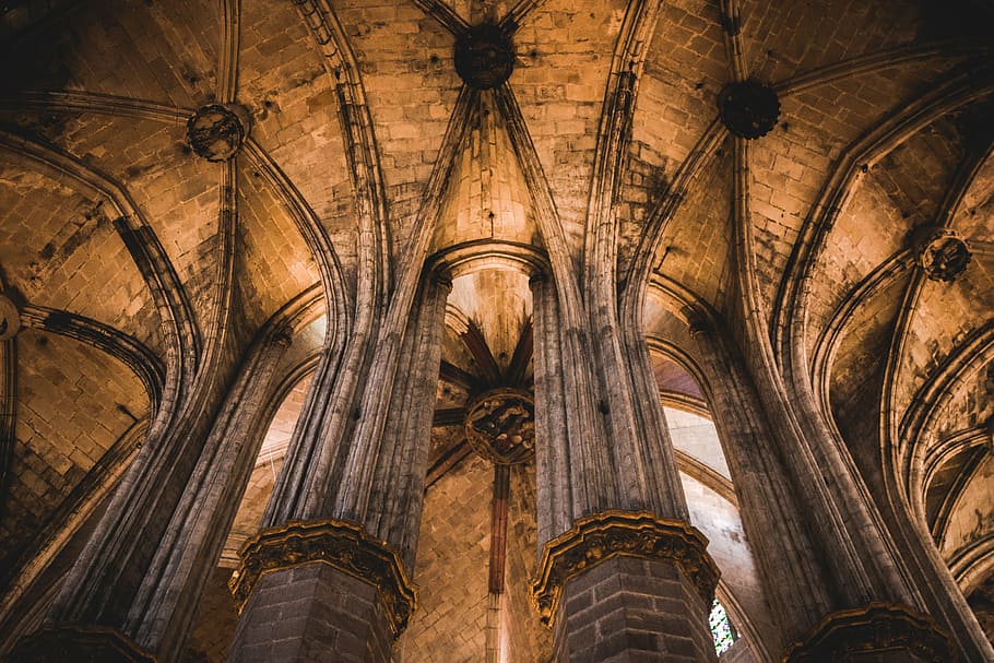 brown cathedral ceiling, gray concrete building interior, architecture HD wallpaper
