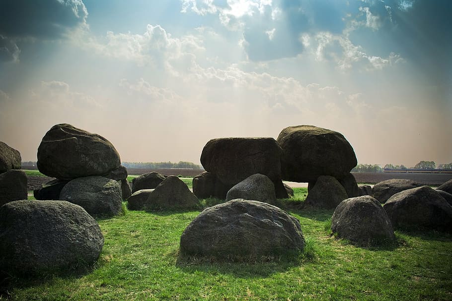 gray stones on green grass during daytime, chunks, field, cloudy HD wallpaper