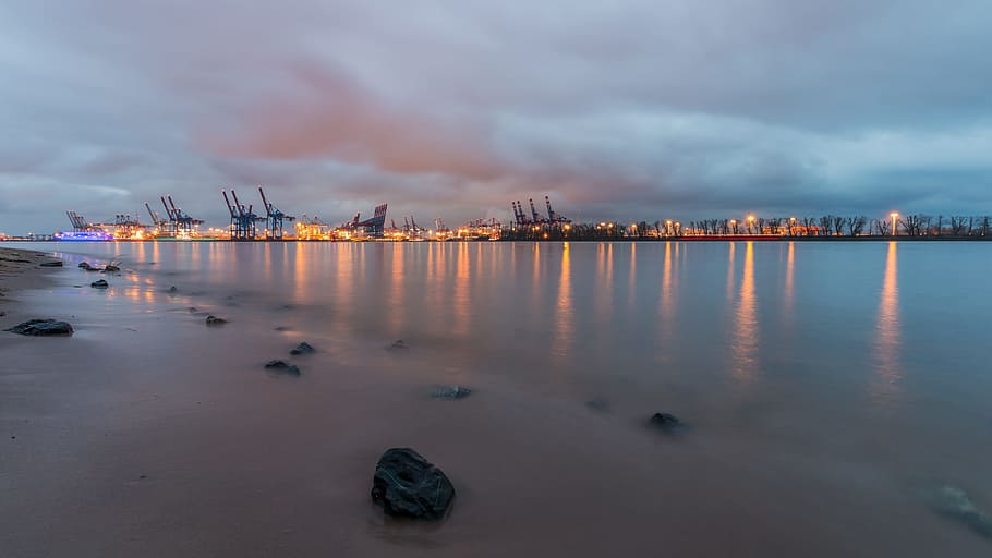 waters, sunset, dawn, sea, beach, elbe, hamburg, north, wave HD wallpaper