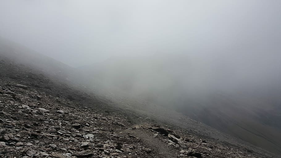 landscape photography of foggy grey field, cloud, mountain HD wallpaper