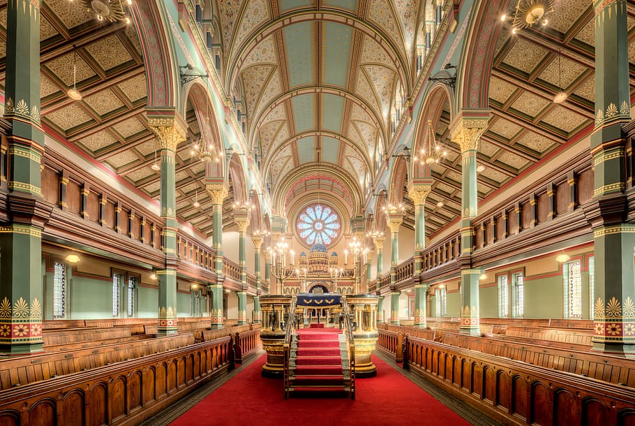 red and brown stairs inside church, inside building with empty seats HD wallpaper