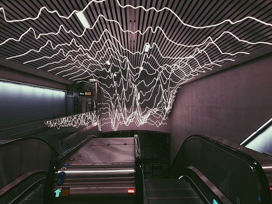 black and gray escalator, station, art, roof, ceiling, indoors HD wallpaper