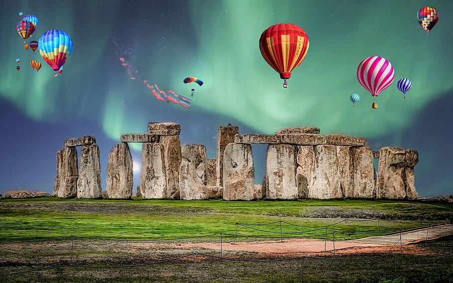 hot air balloon flying over stonehedge, stonehenge, composite HD wallpaper