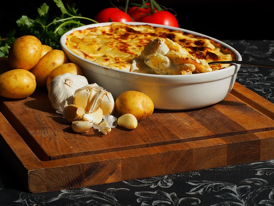 flødekartofler, au gratin, potatoes, accessories, food, garnish, HD wallpaper