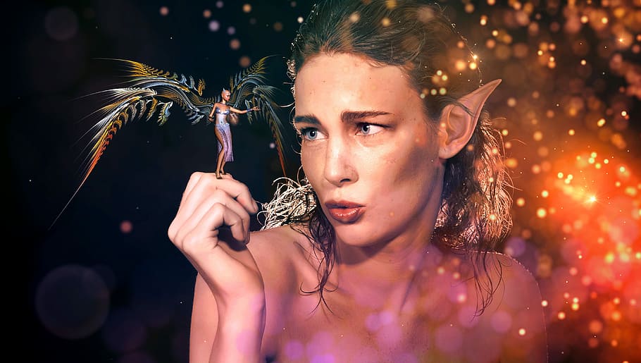 female nymph with fairy, fantasy, elf, large, small, encounter, HD wallpaper