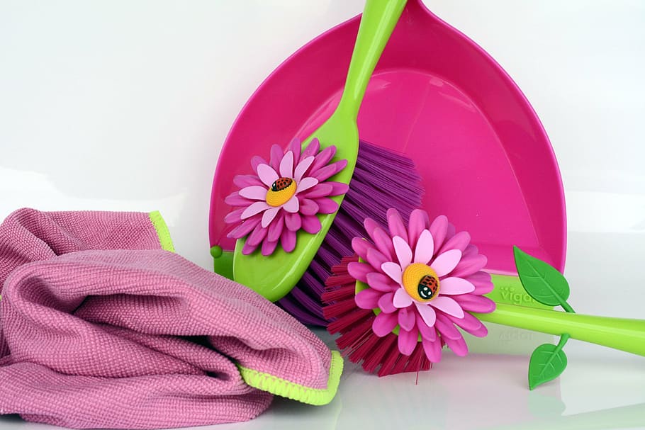 two pink and green hair brushes near pink textile, clean, spring putz, HD wallpaper