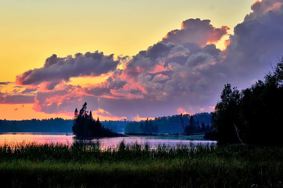 Sunset, Twilight, Sky, Lake, Nature, clouds, summer, québec HD wallpaper