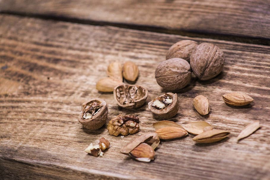 nuts, walnut, almond, walnuts, still life, wood - material HD wallpaper