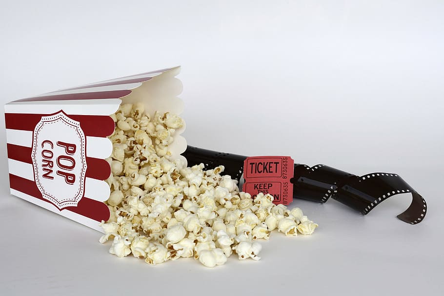 popcorn and cinema film and tickets, entertainment, food, bucket