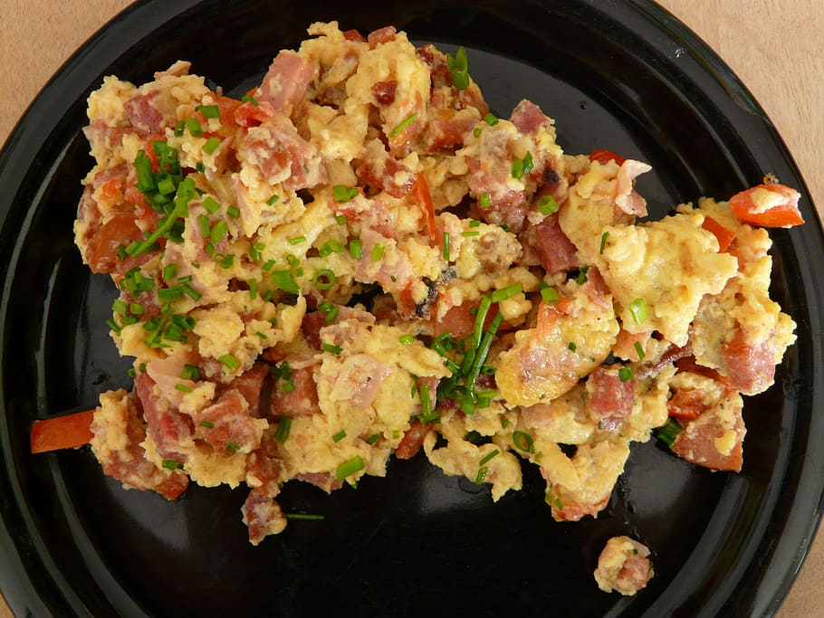 egg with ham dish, Scrambled Eggs, Breakfast, Fried, Eat, food HD wallpaper