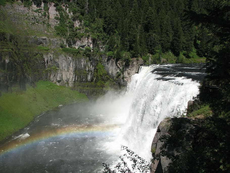 landscape photography of waterfalls, idaho, rainbow, beauty in nature HD wallpaper