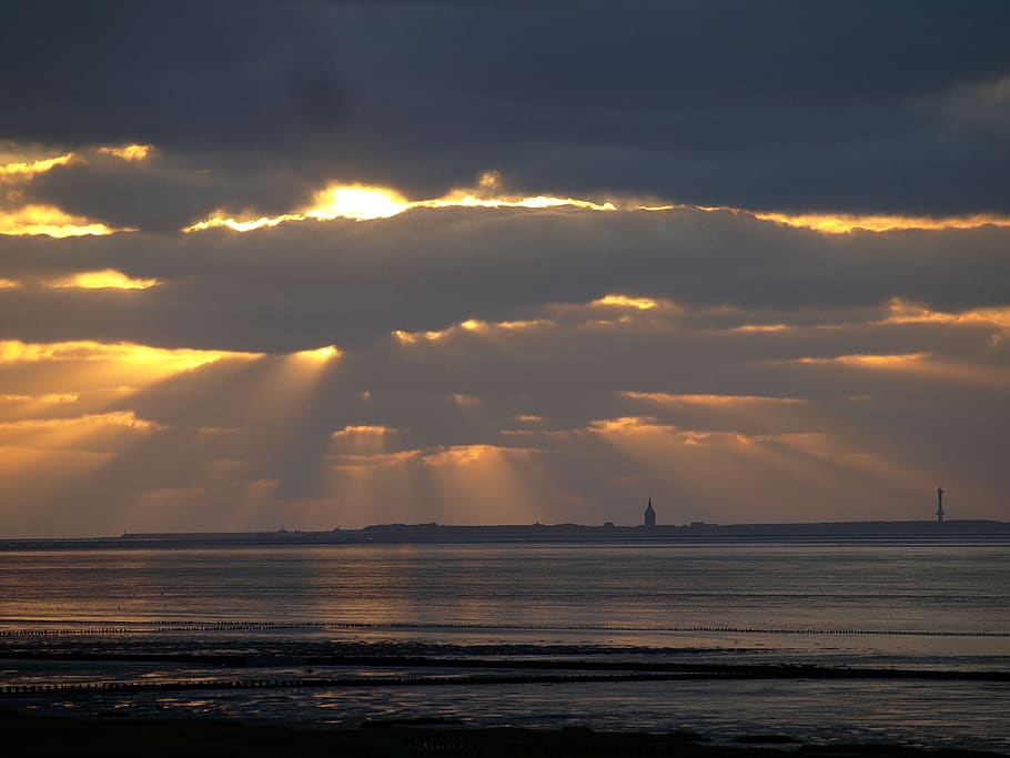 abendstimmung, clouds, sea, lake, rays, water, wadden sea, wangerooge, HD wallpaper