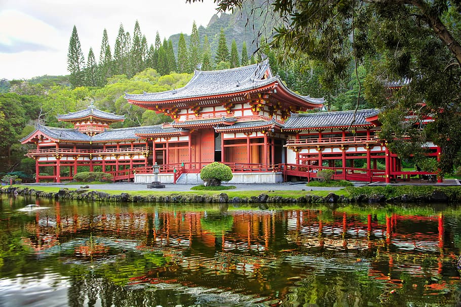 red and brow temple by water, red building near body of water HD wallpaper
