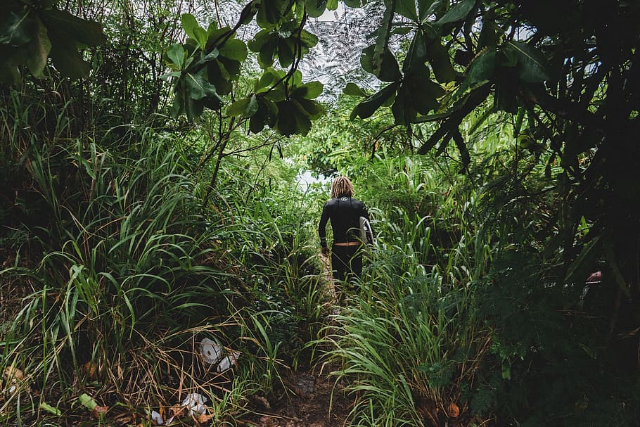 person wearing black top and black jeans walking on forest HD wallpaper