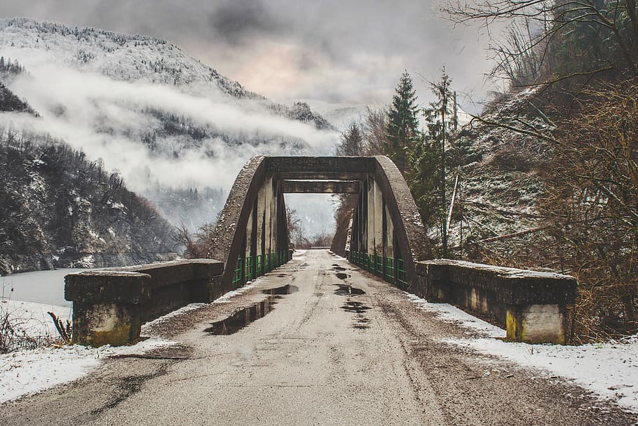 gray concrete bridge near snow covered mountain, silence, mist HD wallpaper