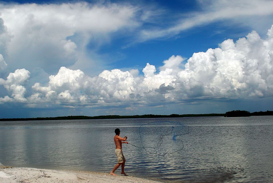 net casting, fishing, bait, cloud - sky, water, real people HD wallpaper