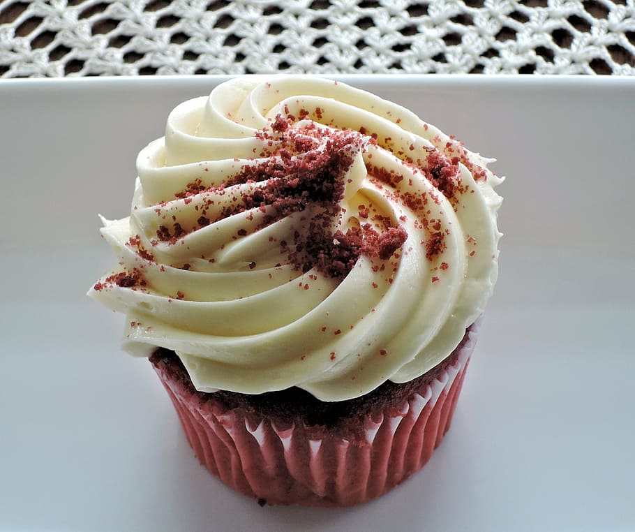 red velvet cupcake cream cheese frosting decorative sugar food