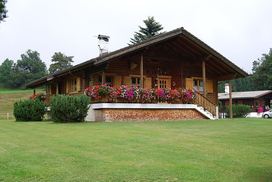 house, mountain, green, wood, baita, plant, built structure, HD wallpaper