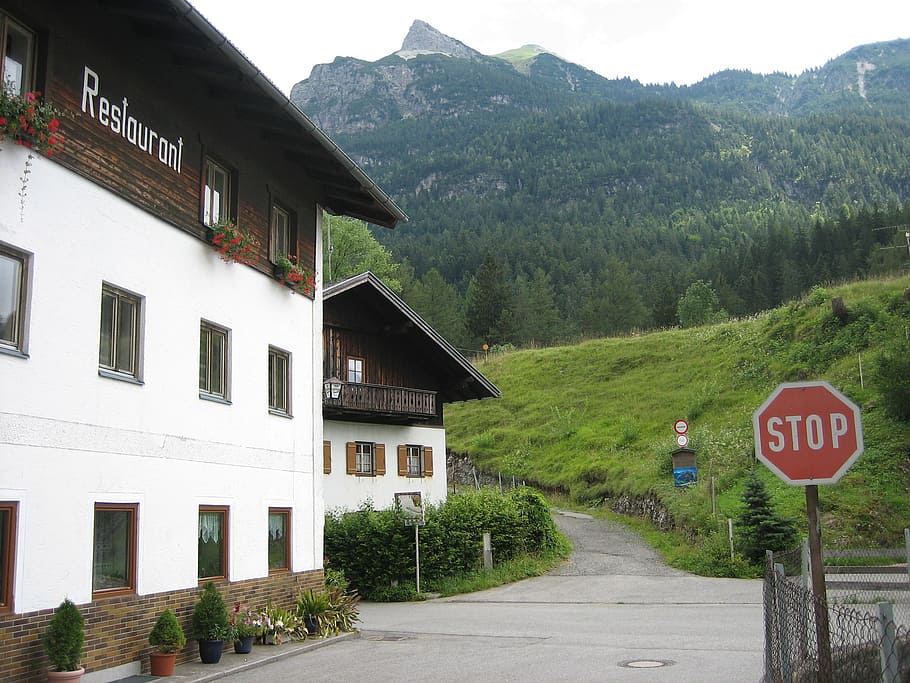 restaurant, alpine, home, sign, mountain, communication, plant HD wallpaper
