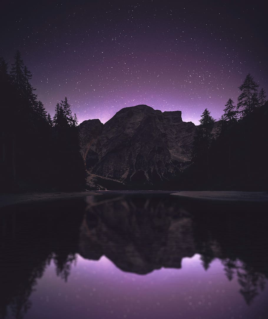 Sound of silence, lake between trees near mountain, night, dark HD wallpaper