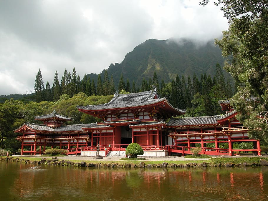 photo of red oriental building near water, temple, hawaii, trees HD wallpaper