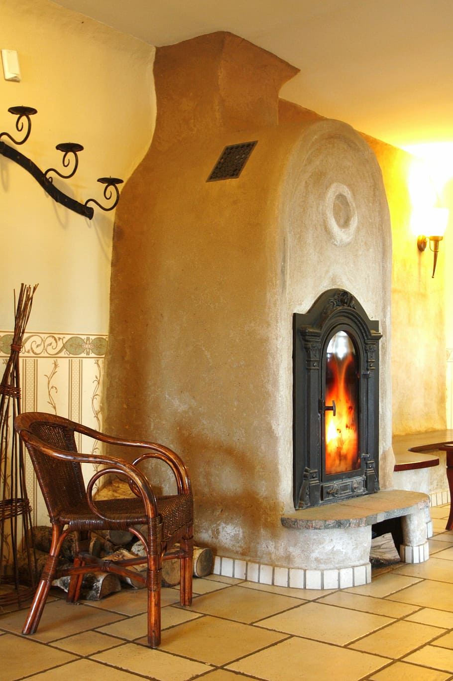 brown wooden armchair beside fireplace, Architecture, Flame HD wallpaper