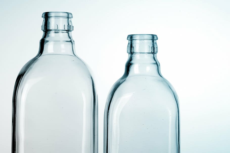 two clear glass bottles, clean, drinking glass, alcohol, glass - material