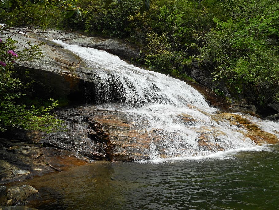 waterfall, rock, nature, river, spring, tree, green, beauty in nature HD wallpaper