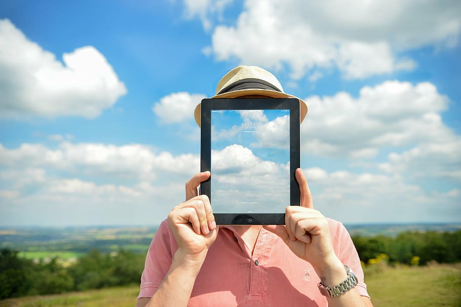 apple, clouds, faceless, ipad, man, outside, person, tablet HD wallpaper