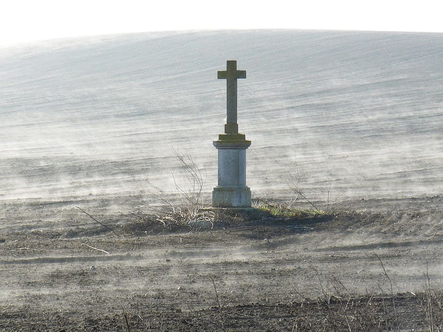 cross, calvary, field, fog, no people, day, nature, sky, guidance, HD wallpaper