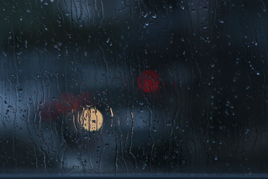 wet glass panel, rain, window, bokeh, dark, raindrop, weather, HD wallpaper