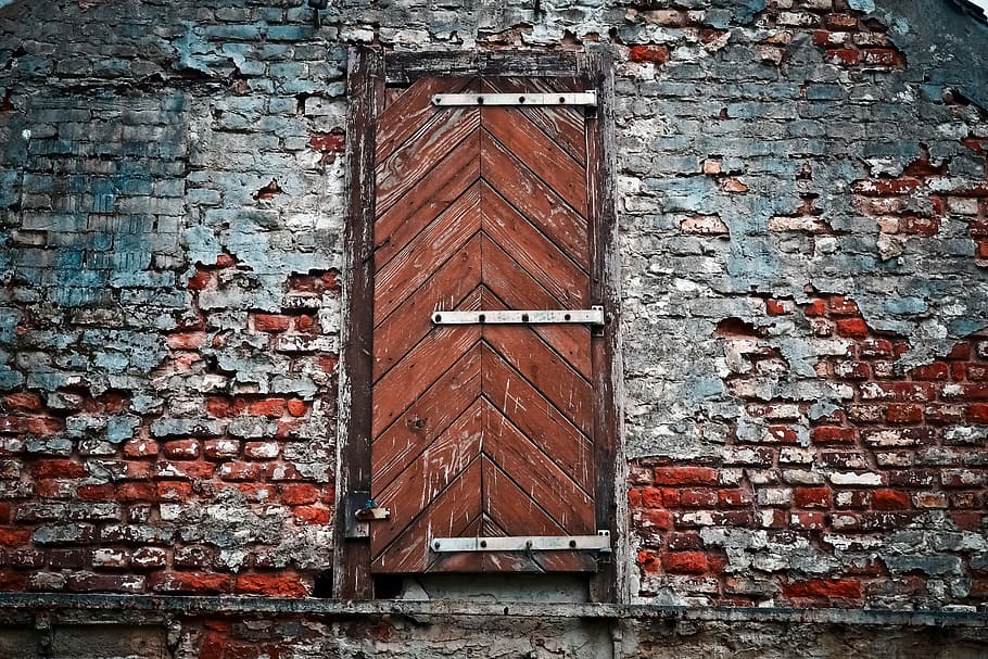 closed brown wooden door, lost places, building, old, stone HD wallpaper
