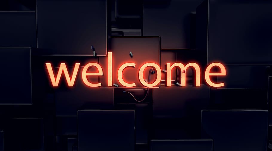 lighted welcome signage, lettering, typography, neon font, ad