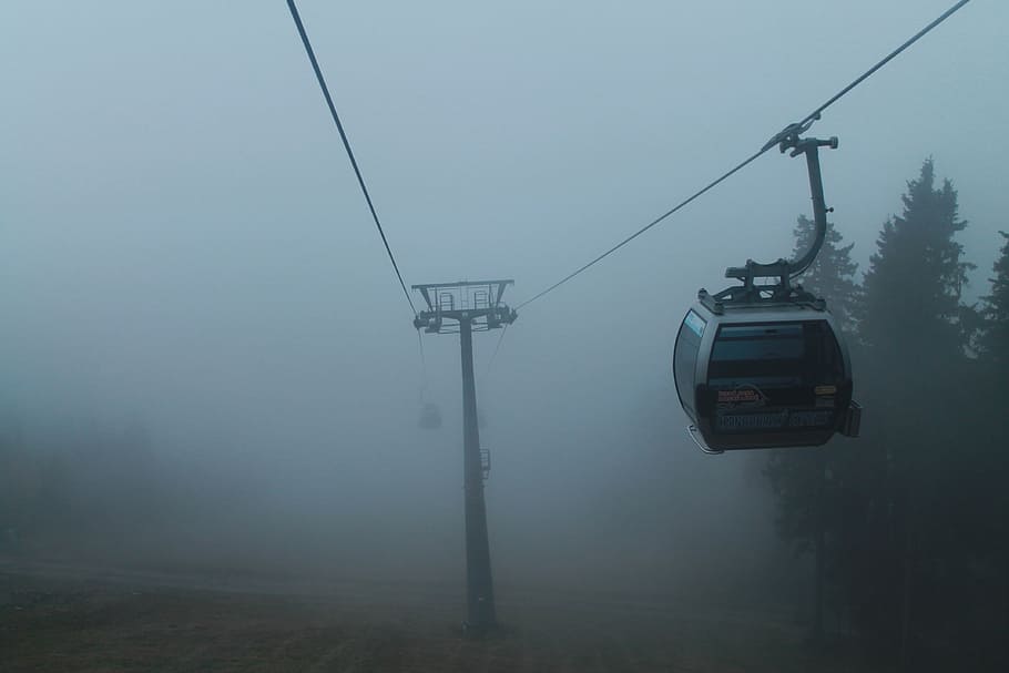 cableway, fog, mountains, cable car, overhead cable car, ski lift HD wallpaper