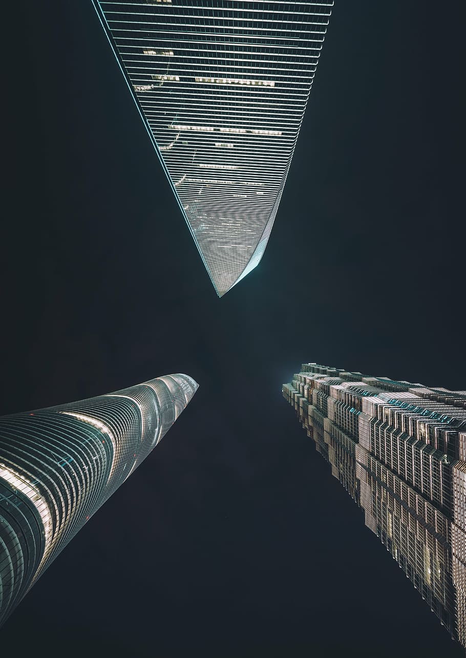lighted city buildings, architecture, dark, night, structure HD wallpaper